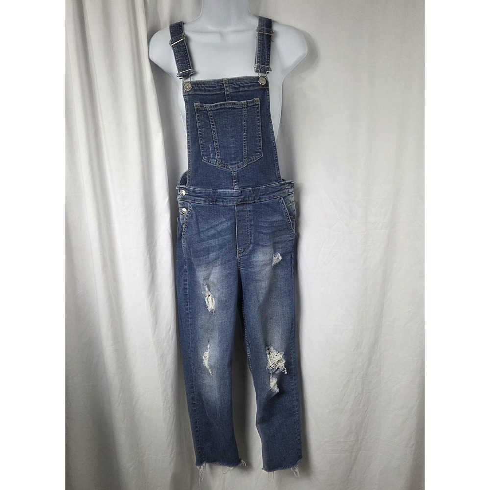 H&M Overalls Womens 4 Blue Denim Distressed Ripped Bib Raw Hem Divided Casual